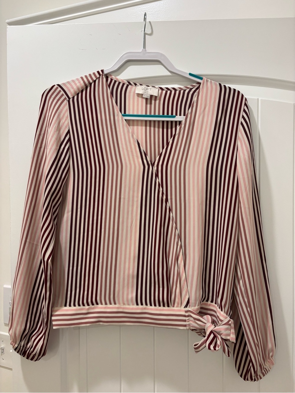 LOFT Pink and Burgundy Striped Wrap Blouse